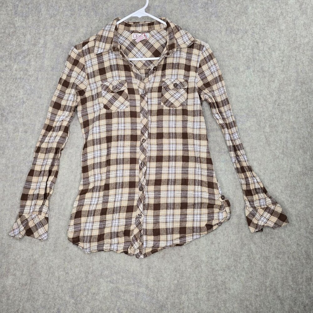 Op Juniors Plaid Button-Down Shirt Brown/Beige Size L Long Sleeve Casual Fit